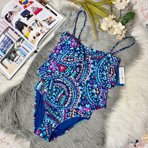 NEW Caribbean Joe Bandeau Ruffle Blue Aztec Women’s One Piece Swimsuit Sz 8 - Picture 1 of 11